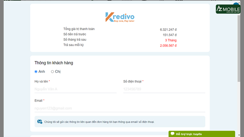 bước 5 trả góp khi mua hàng tại azmobile qua Kredivo_2
