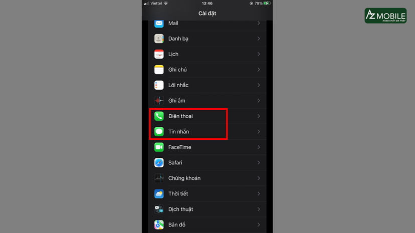 chọn Điện thoại hoặc Tin nhắn từ phần Cài đặt.jpg